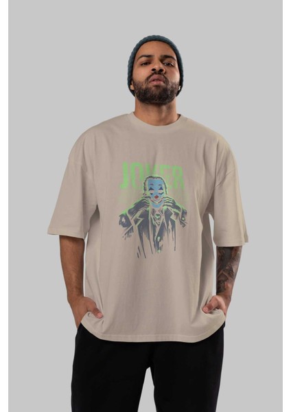 Joker (9) Ön Baskılı Bej Oversize T-Shirt Bisiklet Yaka Pamuk Erkek Kadın indirimleri