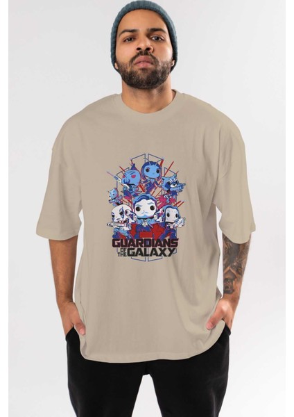 Guardians Of The Galaxy Ön Baskılı Bej Oversize T-Shirt Bisiklet Yaka Pamuk Erkek Kadın
