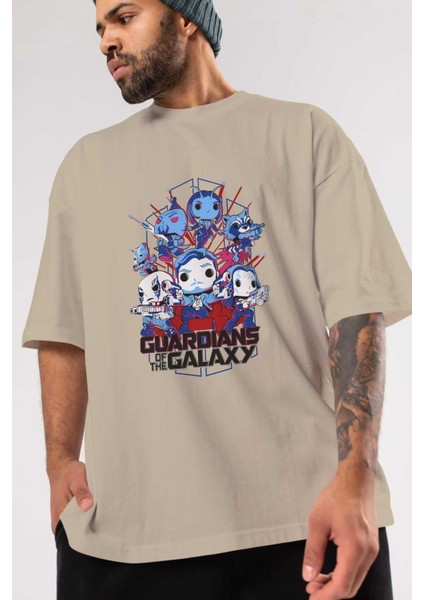 Guardians Of The Galaxy Ön Baskılı Bej Oversize T-Shirt Bisiklet Yaka Pamuk Erkek Kadın modelleri