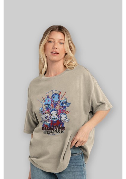 Guardians Of The Galaxy Ön Baskılı Bej Oversize T-Shirt Bisiklet Yaka Pamuk Erkek Kadın fırsatları