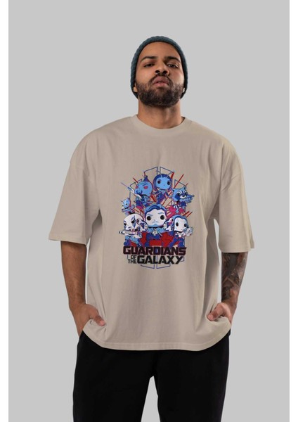 Guardians Of The Galaxy Ön Baskılı Bej Oversize T-Shirt Bisiklet Yaka Pamuk Erkek Kadın indirimleri