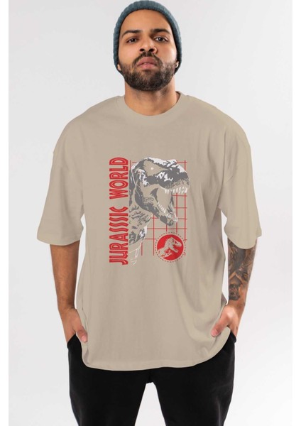 Jurassic Park (2) Ön Baskılı Bej Oversize T-Shirt Bisiklet Yaka Pamuk Erkek Kadın