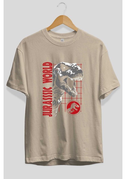 Jurassic Park (2) Ön Baskılı Bej Oversize T-Shirt Bisiklet Yaka Pamuk Erkek Kadın fiyatları