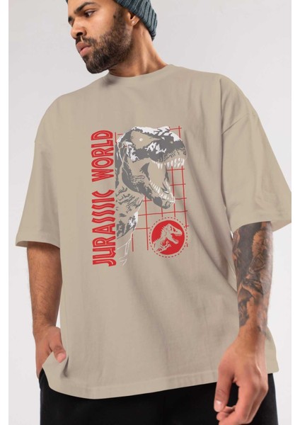 Jurassic Park (2) Ön Baskılı Bej Oversize T-Shirt Bisiklet Yaka Pamuk Erkek Kadın modelleri