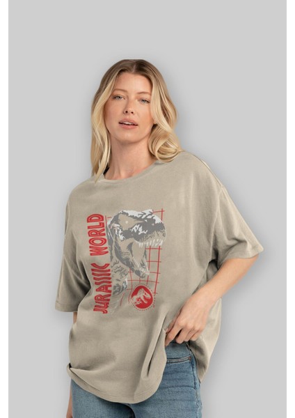 Jurassic Park (2) Ön Baskılı Bej Oversize T-Shirt Bisiklet Yaka Pamuk Erkek Kadın fırsatları