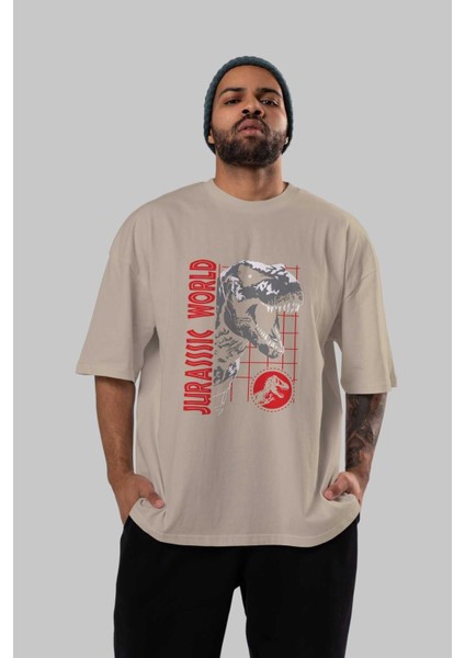 Jurassic Park (2) Ön Baskılı Bej Oversize T-Shirt Bisiklet Yaka Pamuk Erkek Kadın indirimleri