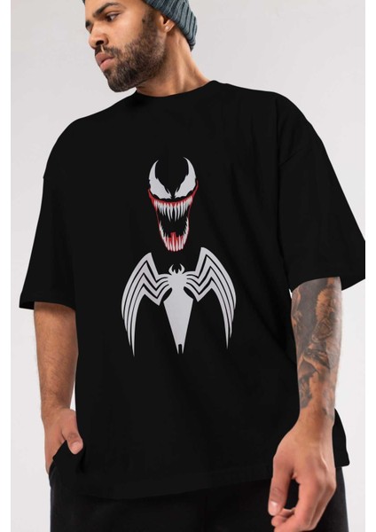 Spiderman (26) Ön Baskılı Siyah Oversize T-Shirt Bisiklet Yaka Erkek Kadın modelleri