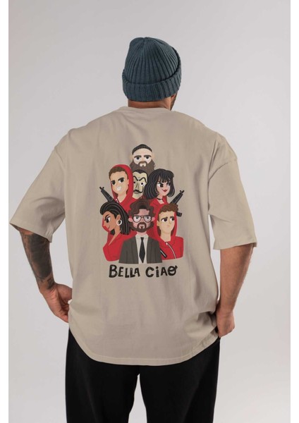 La Casa De Papel (13) Arka Baskılı Bej Oversize T-Shirt Bisiklet Yaka Pamuk Erkek Kadın