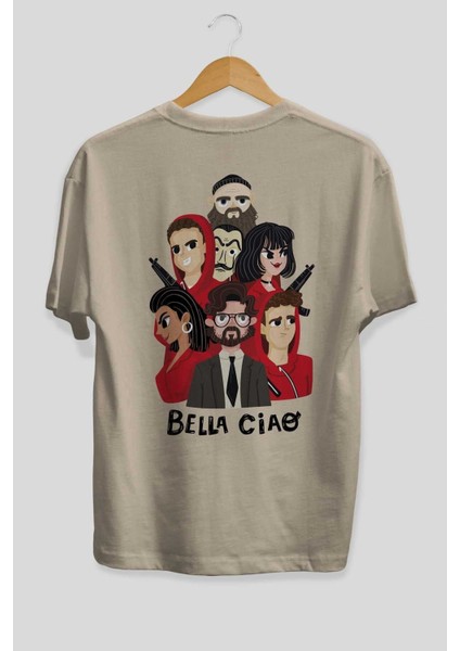 La Casa De Papel (13) Arka Baskılı Bej Oversize T-Shirt Bisiklet Yaka Pamuk Erkek Kadın