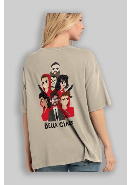 La Casa De Papel (13) Arka Baskılı Bej Oversize T-Shirt Bisiklet Yaka Pamuk Erkek Kadın