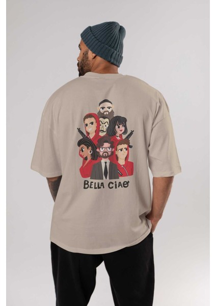 La Casa De Papel (13) Arka Baskılı Bej Oversize T-Shirt Bisiklet Yaka Pamuk Erkek Kadın