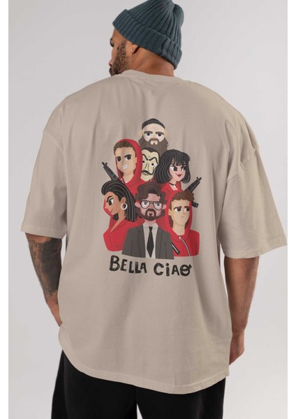 La Casa De Papel (13) Arka Baskılı Bej Oversize T-Shirt Bisiklet Yaka Pamuk Erkek Kadın