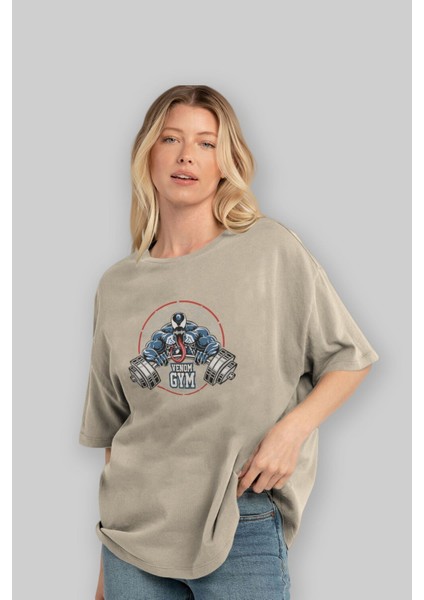 Venom Gym Ön Baskılı Bej Oversize T-Shirt Bisiklet Yaka Pamuk Erkek Kadın fırsatları
