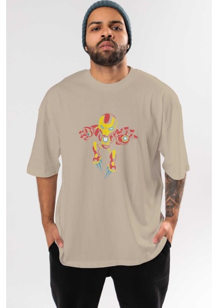 Iron Man (1) Ön Baskılı Bej Oversize T-Shirt Bisiklet Yaka Pamuk Erkek Kadın