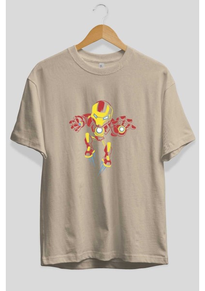 Iron Man (1) Ön Baskılı Bej Oversize T-Shirt Bisiklet Yaka Pamuk Erkek Kadın
