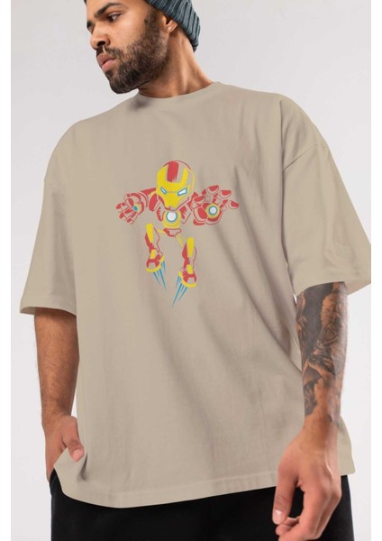 Iron Man (1) Ön Baskılı Bej Oversize T-Shirt Bisiklet Yaka Pamuk Erkek Kadın