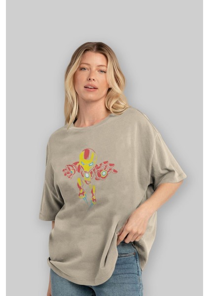 Iron Man (1) Ön Baskılı Bej Oversize T-Shirt Bisiklet Yaka Pamuk Erkek Kadın