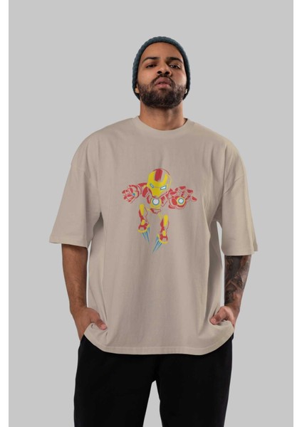 Iron Man (1) Ön Baskılı Bej Oversize T-Shirt Bisiklet Yaka Pamuk Erkek Kadın