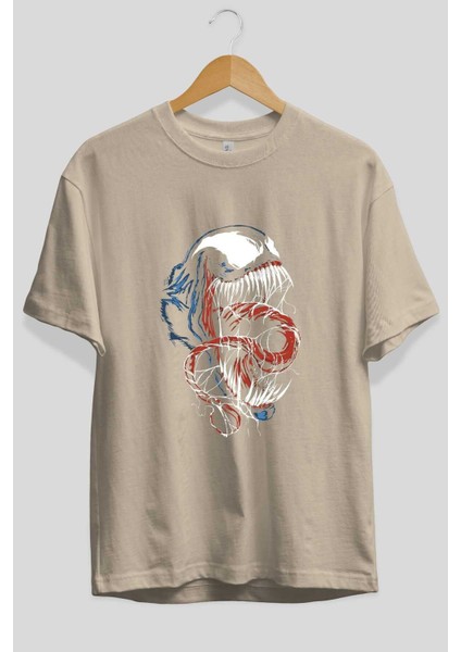 Venom (10) Ön Baskılı Bej Oversize T-Shirt Bisiklet Yaka Pamuk Erkek Kadın fiyatları