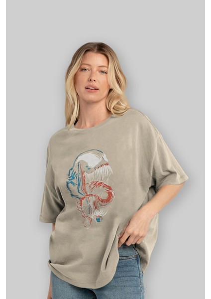 Venom (10) Ön Baskılı Bej Oversize T-Shirt Bisiklet Yaka Pamuk Erkek Kadın fırsatları