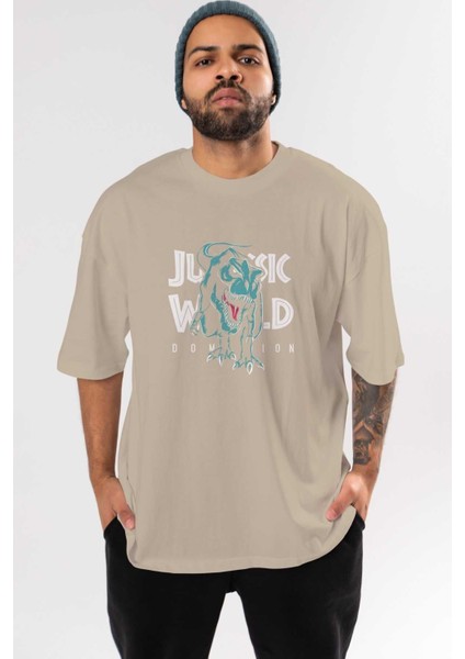 Jurassic Park (1) Ön Baskılı Bej Oversize T-Shirt Bisiklet Yaka Pamuk Erkek Kadın