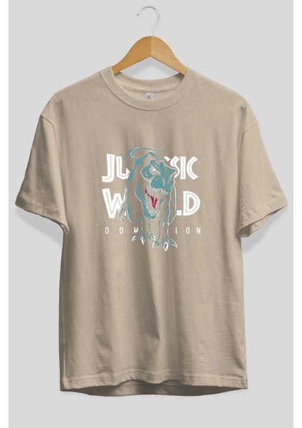 Jurassic Park (1) Ön Baskılı Bej Oversize T-Shirt Bisiklet Yaka Pamuk Erkek Kadın fiyatları