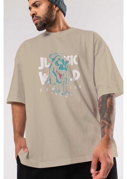 Jurassic Park (1) Ön Baskılı Bej Oversize T-Shirt Bisiklet Yaka Pamuk Erkek Kadın modelleri