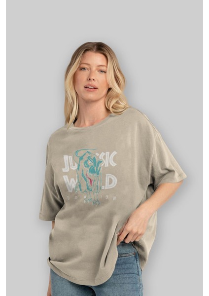 Jurassic Park (1) Ön Baskılı Bej Oversize T-Shirt Bisiklet Yaka Pamuk Erkek Kadın fırsatları
