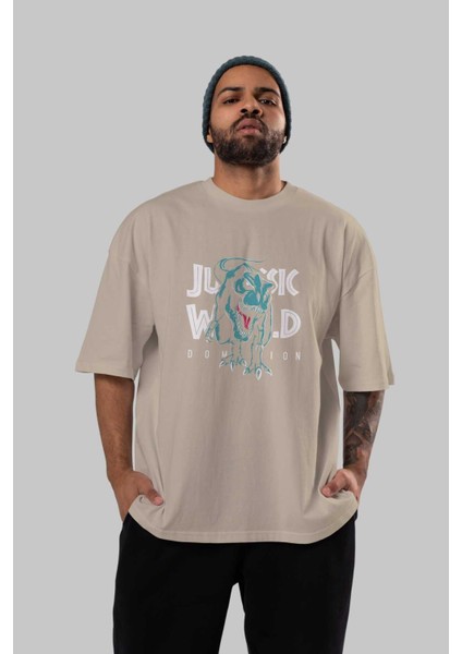 Jurassic Park (1) Ön Baskılı Bej Oversize T-Shirt Bisiklet Yaka Pamuk Erkek Kadın indirimleri