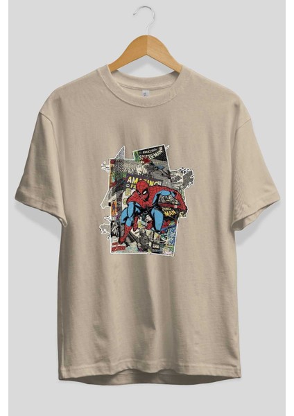 Spiderman Ön Baskılı Bej Oversize T-Shirt Bisiklet Yaka Pamuk Erkek Kadın fiyatları