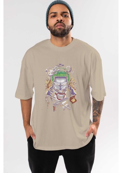 Joker Ön Baskılı Bej Oversize T-Shirt Bisiklet Yaka Pamuk Erkek Kadın