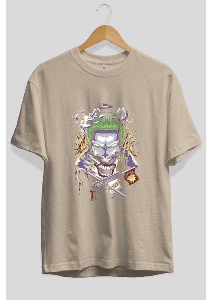 Joker Ön Baskılı Bej Oversize T-Shirt Bisiklet Yaka Pamuk Erkek Kadın fiyatları