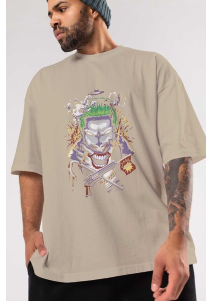 Joker Ön Baskılı Bej Oversize T-Shirt Bisiklet Yaka Pamuk Erkek Kadın modelleri