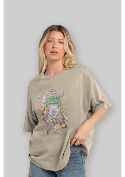 Joker Ön Baskılı Bej Oversize T-Shirt Bisiklet Yaka Pamuk Erkek Kadın fırsatları