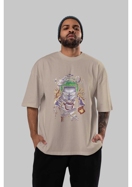 Joker Ön Baskılı Bej Oversize T-Shirt Bisiklet Yaka Pamuk Erkek Kadın indirimleri