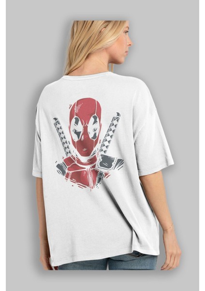 Deadpool (4) Arka Baskılı Beyaz Oversize T-Shirt Bisiklet Yaka Pamuk Erkek Kadın modelleri
