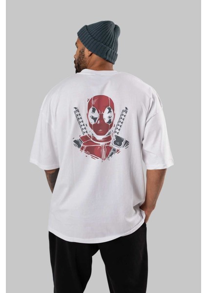 Deadpool (4) Arka Baskılı Beyaz Oversize T-Shirt Bisiklet Yaka Pamuk Erkek Kadın fırsatları