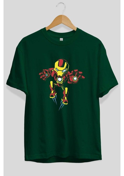 Iron Man (1) Ön Baskılı Zümrüt Yeşili Oversize T-Shirt Bisiklet Yaka Pamuk Erkek Kadın