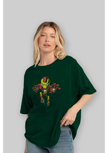 Iron Man (1) Ön Baskılı Zümrüt Yeşili Oversize T-Shirt Bisiklet Yaka Pamuk Erkek Kadın