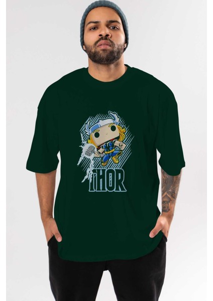 Thor (2) Ön Baskılı Zümrüt Yeşili Oversize T-Shirt Bisiklet Yaka Pamuk Erkek Kadın