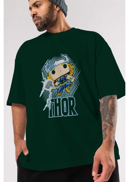 Thor (2) Ön Baskılı Zümrüt Yeşili Oversize T-Shirt Bisiklet Yaka Pamuk Erkek Kadın modelleri