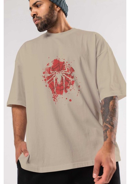 Spiderman (10) Ön Baskılı Bej Oversize T-Shirt Bisiklet Yaka Pamuk Erkek Kadın