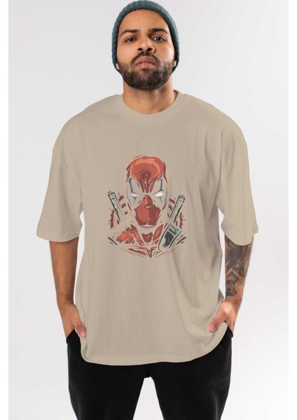 Deadpool (10) Ön Baskılı Bej Oversize T-Shirt Bisiklet Yaka Pamuk Erkek Kadın