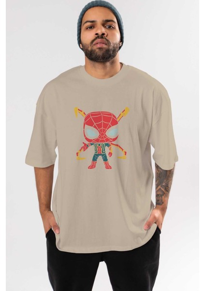 Spiderman (17) Ön Baskılı Bej Oversize T-Shirt Bisiklet Yaka Pamuk Erkek Kadın