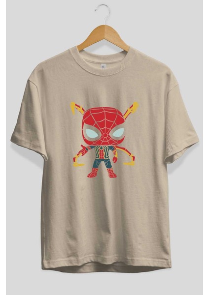 Spiderman (17) Ön Baskılı Bej Oversize T-Shirt Bisiklet Yaka Pamuk Erkek Kadın fiyatları