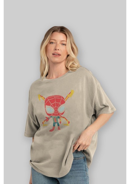 Spiderman (17) Ön Baskılı Bej Oversize T-Shirt Bisiklet Yaka Pamuk Erkek Kadın fırsatları