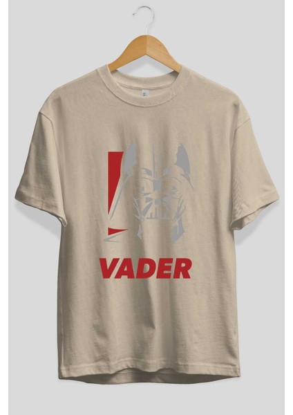 Darth Vader Ön Baskılı Bej Oversize T-Shirt Bisiklet Yaka Pamuk Erkek Kadın
