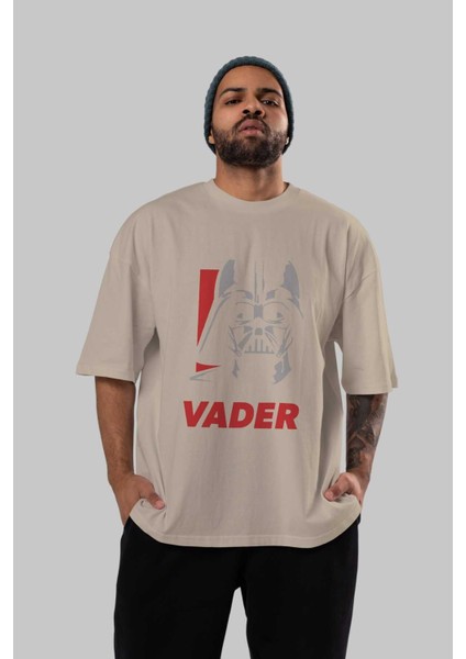 Darth Vader Ön Baskılı Bej Oversize T-Shirt Bisiklet Yaka Pamuk Erkek Kadın