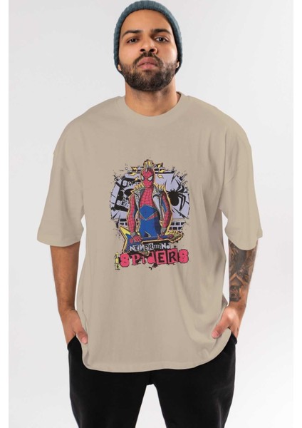 Spiderman Rock Ön Baskılı Bej Oversize T-Shirt Bisiklet Yaka Pamuk Erkek Kadın