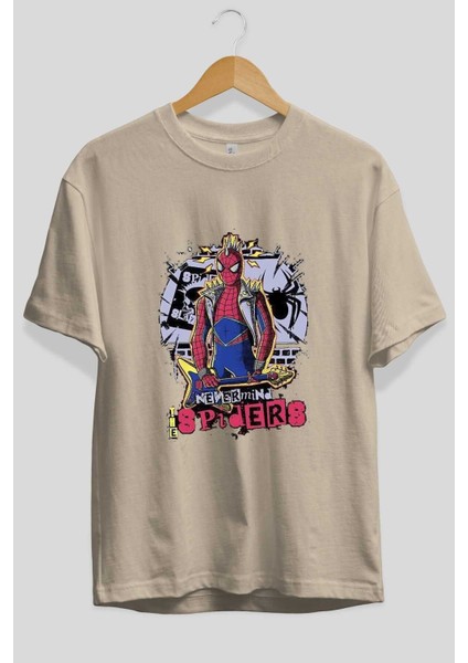Spiderman Rock Ön Baskılı Bej Oversize T-Shirt Bisiklet Yaka Pamuk Erkek Kadın